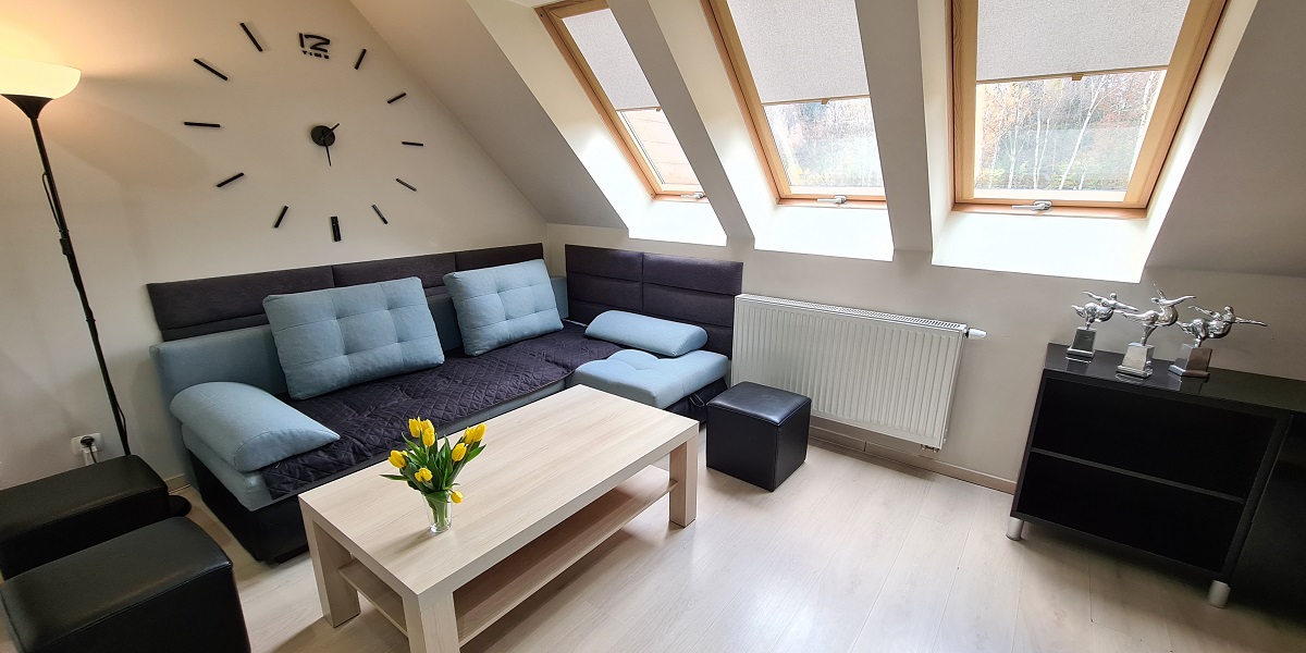 Komfortowy salon w apartamencie duplex w Polanicy-Zdroju, z przestronną sofą